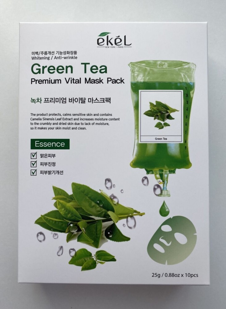Премиальная антивозрастная тканевая маска EKEL с экстрактом зеленого чая  для всех типов кожи, 25 г