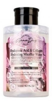 Гипоаллергенная мицеллярная вода GRACE DAY для снятия макияжа с лица, губ и кожи вокруг глаз, ухода за порами кожи лица, с гиалуроновой кислотой и коллагеном, для сухой и нормальной кожи (слабокислый РН-баланс) 500 мл