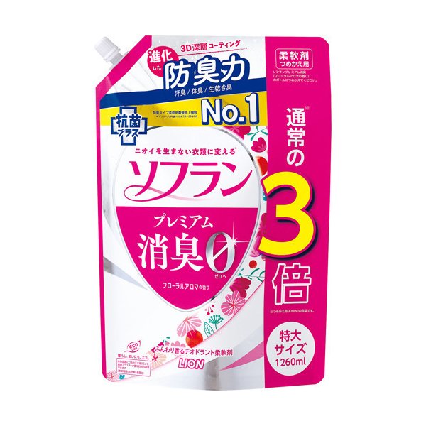 Кондиционер для белья LION SOFLAN (с длительной 3D-защитой от неприятного запаха "Premium Deodorizer Zero-Ø" - натуральный аромат роз) запасной блок 1260 мл