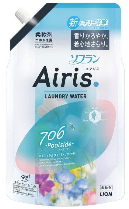 Прозрачный кондиционер для белья LION Soflan Airis с воздушным ароматом Poolside (мужской аромат), запасной блок 850 мл