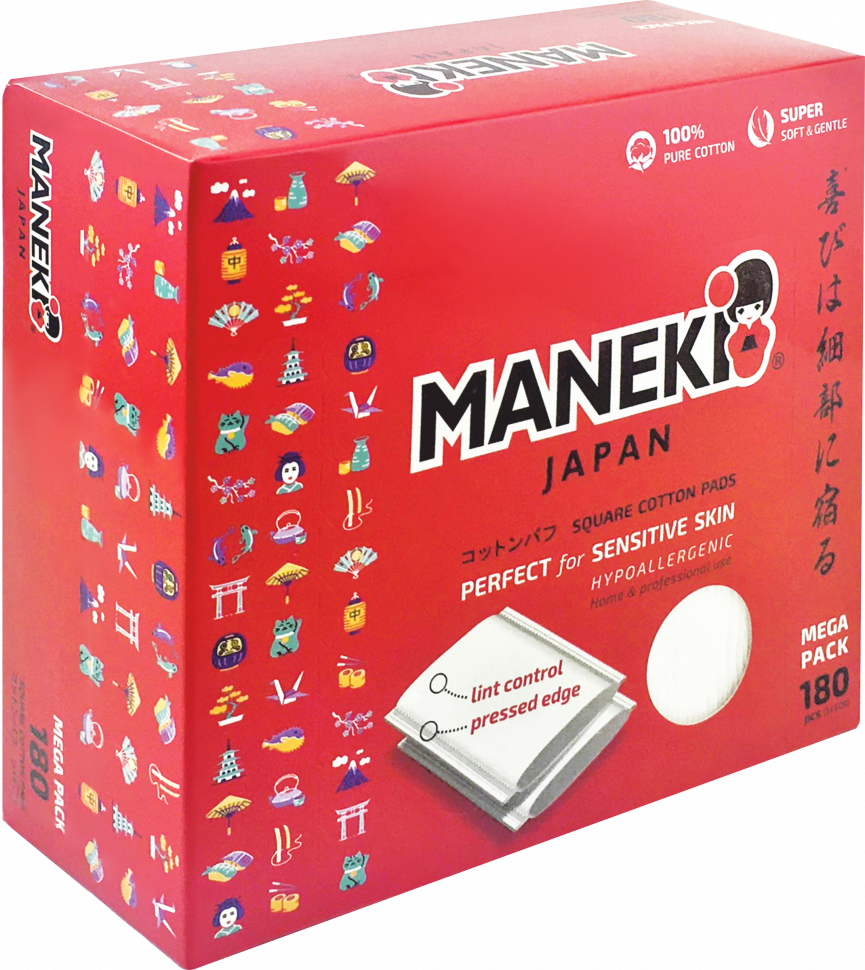 Подушечки ватные гигиенические "Maneki", прямоугольные, с пресс-линиями, 180 шт.